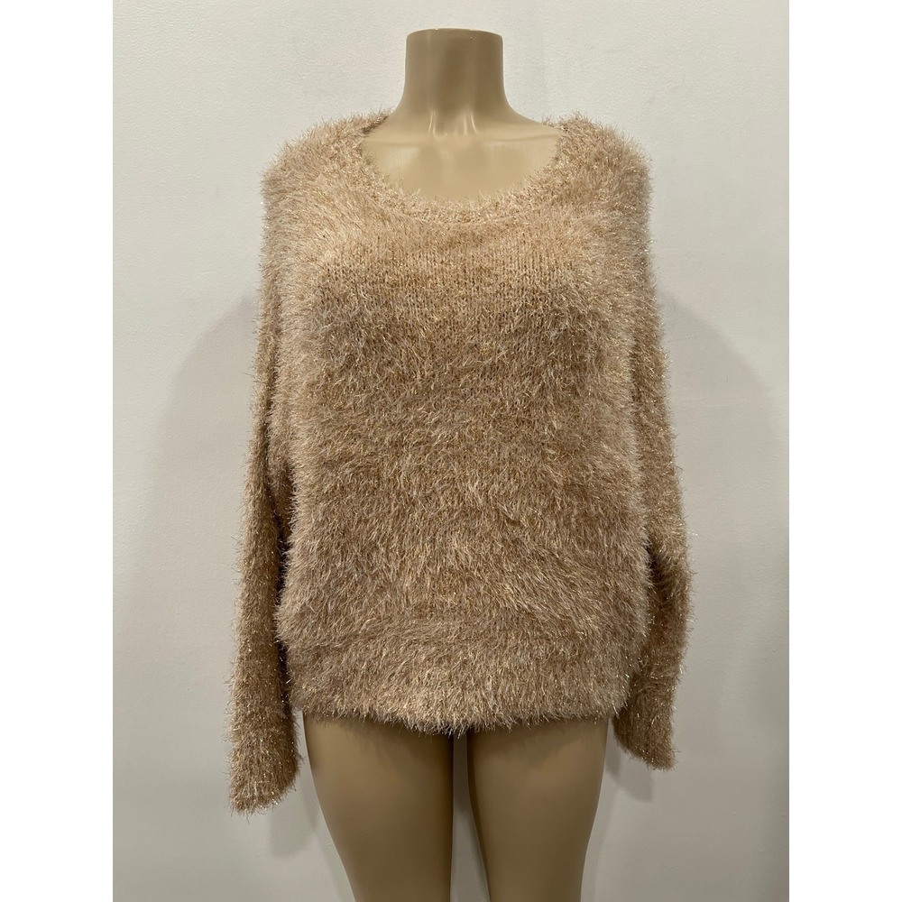 Wild Fable Shaggy Eyelash Knit Sweater Metallic Scoop Neck Womens Size M Gold